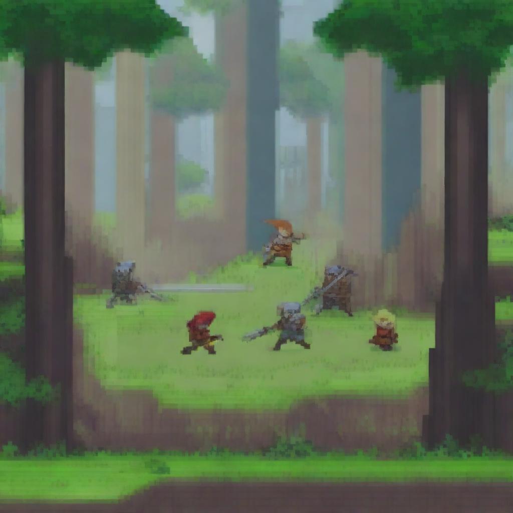 A close-up pixel art scene depicting a battle in a forest