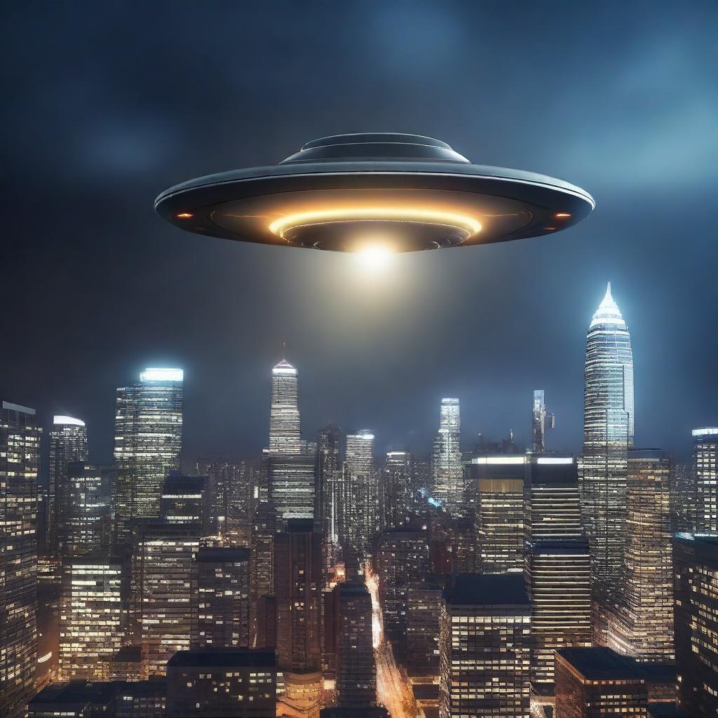 A highly realistic scene of a UFO hovering over a modern cityscape at night