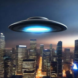 A highly realistic scene of a UFO hovering over a modern cityscape at night