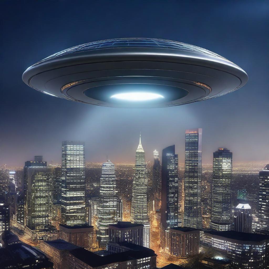 A highly realistic scene of a UFO hovering over a modern cityscape at night