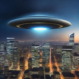 A highly realistic scene of a UFO hovering over a modern cityscape at night