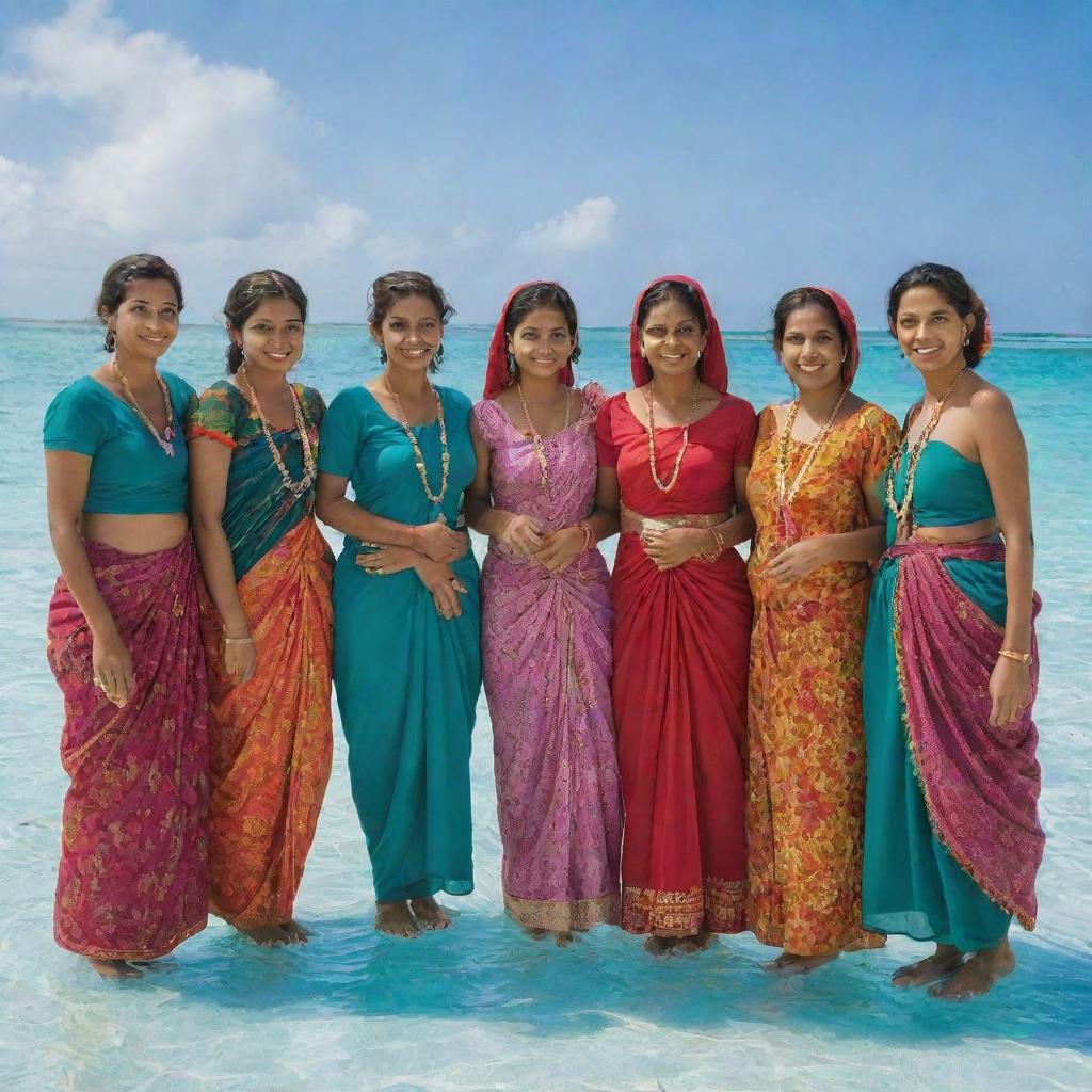 Several Maldivian women adorned in colorful, traditional Libaas attire, standing together under a bright, sunny sky with Maldives' crystal clear waters in the background.