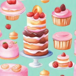 A delicious dessert display featuring an assortment of cakes, pastries, and cookies beautifully arranged in a watercolor painting style