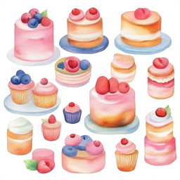 A delicious dessert display featuring an assortment of cakes, pastries, and cookies beautifully arranged in a watercolor painting style