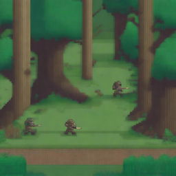 A pixel art scene set in a forest, depicting two bandits fighting against a single opponent