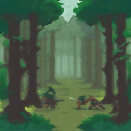 A pixel art scene set in a forest, depicting two bandits fighting against a single opponent