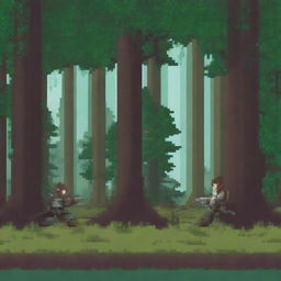 A pixel art scene set in a forest, depicting two bandits fighting against a single opponent