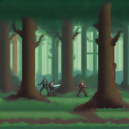 A pixel art scene set in a forest, depicting two bandits fighting against a single opponent