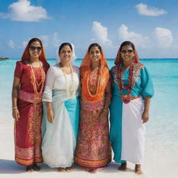 Several Maldivian women adorned in colorful, traditional Libaas attire, standing together under a bright, sunny sky with Maldives' crystal clear waters in the background.