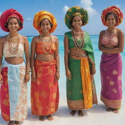 Several Maldivian women adorned in colorful, traditional Libaas attire, standing together under a bright, sunny sky with Maldives' crystal clear waters in the background.