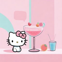 Create an image of Hello Kitty in a stylish and aesthetic setting, holding a cocktail drink