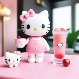 Create an image of Hello Kitty in a stylish and aesthetic setting, holding a cocktail drink