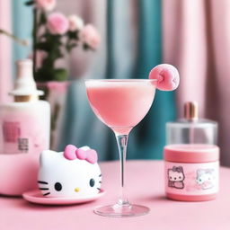 Create an image of Hello Kitty in a stylish and aesthetic setting, holding a cocktail drink