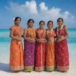 Several Maldivian women adorned in colorful, traditional Libaas attire, standing together under a bright, sunny sky with Maldives' crystal clear waters in the background.