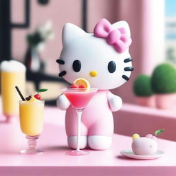 Create an image of Hello Kitty in a stylish and aesthetic setting, holding a cocktail drink