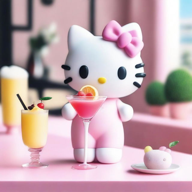 Create an image of Hello Kitty in a stylish and aesthetic setting, holding a cocktail drink