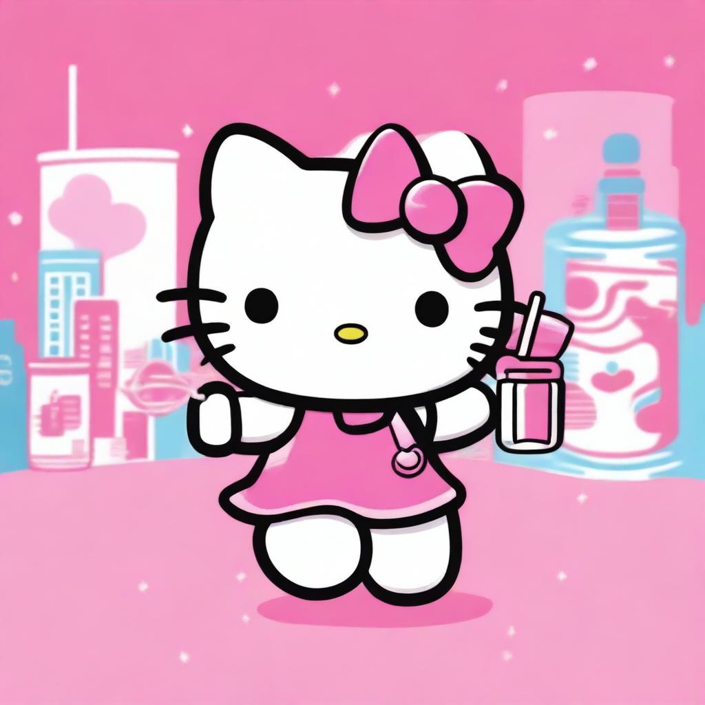 Create an Instagram story-sized image of Hello Kitty dancing and holding a drink