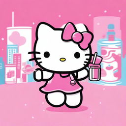 Create an Instagram story-sized image of Hello Kitty dancing and holding a drink