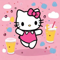 Create an Instagram story-sized image of Hello Kitty dancing and holding a drink