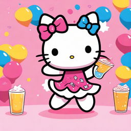 Create an Instagram story-sized image of Hello Kitty dancing and holding a drink