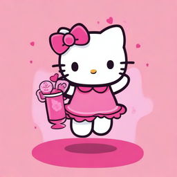 Create an Instagram story-sized image of Hello Kitty dancing and holding a drink