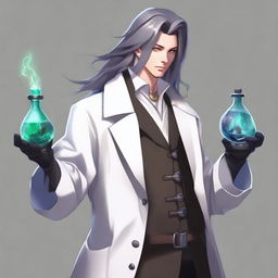 A human male alchemist wearing a long white coat with straps holding vials of potions