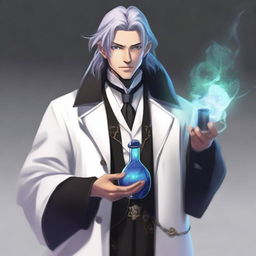 A human male alchemist wearing a long white coat with straps holding vials of potions