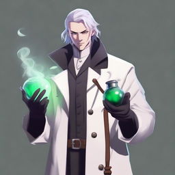 A human male alchemist wearing a long white coat with straps holding vials of potions