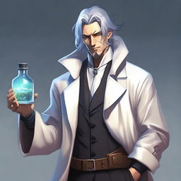 A human male alchemist wearing a long white coat with straps holding vials of potions