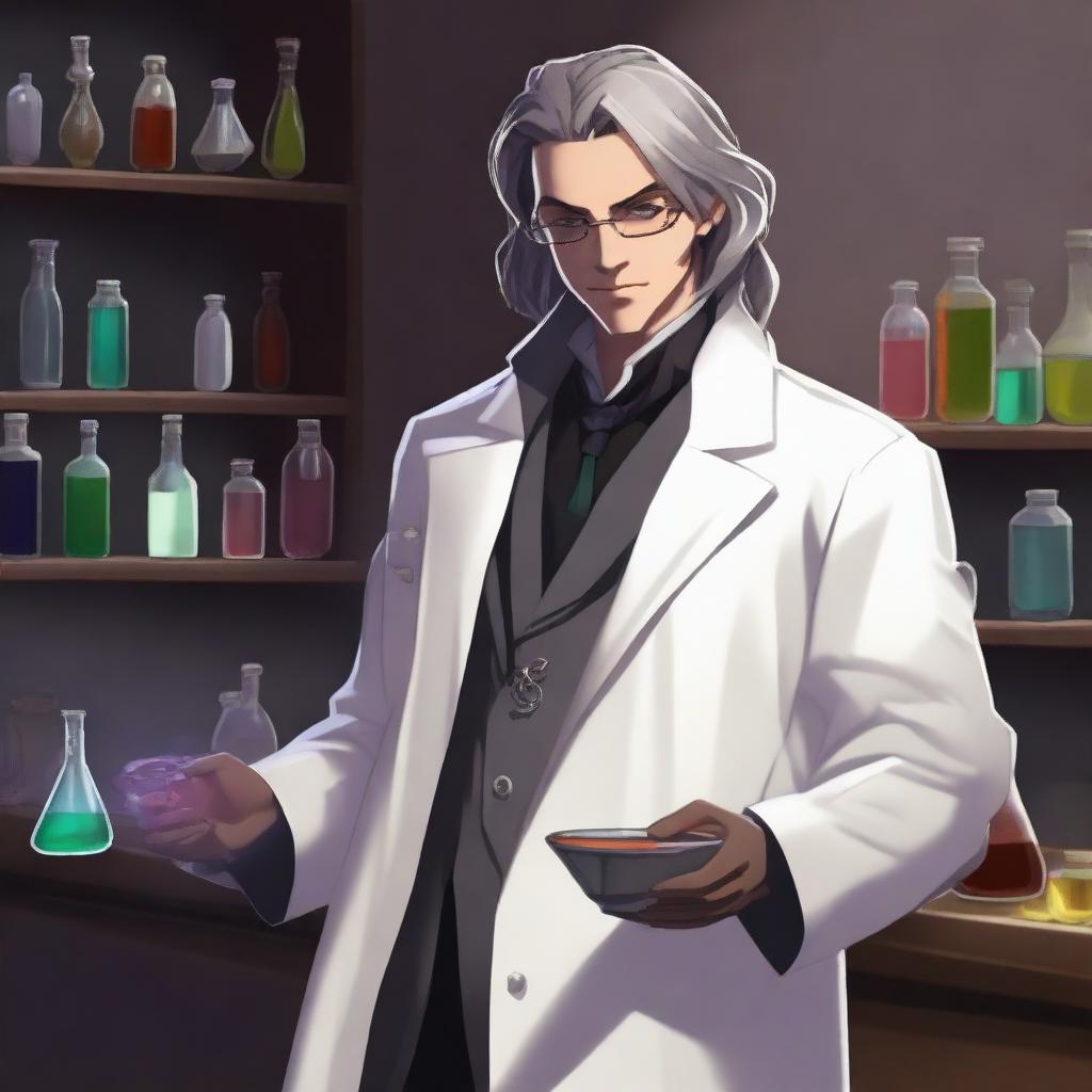 A human male alchemist standing in his lab surrounded by chemical equipment