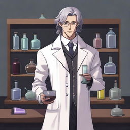 A human male alchemist standing in his lab surrounded by chemical equipment