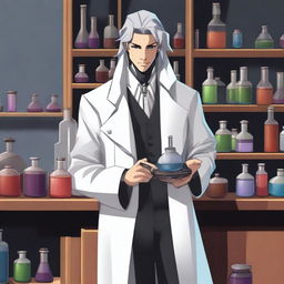 A human male alchemist standing in his lab surrounded by chemical equipment