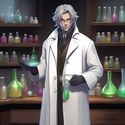 A human male alchemist standing in his lab surrounded by chemical equipment