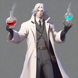 A human male alchemist wearing a long white coat with leather straps holding vials of potions