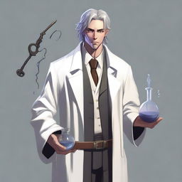 A human male alchemist wearing a long white coat with leather straps holding vials of potions