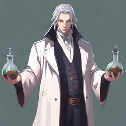 A human male alchemist wearing a long white coat with leather straps holding vials of potions