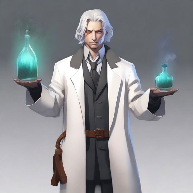 A human male alchemist wearing a long white coat with leather straps holding vials of potions