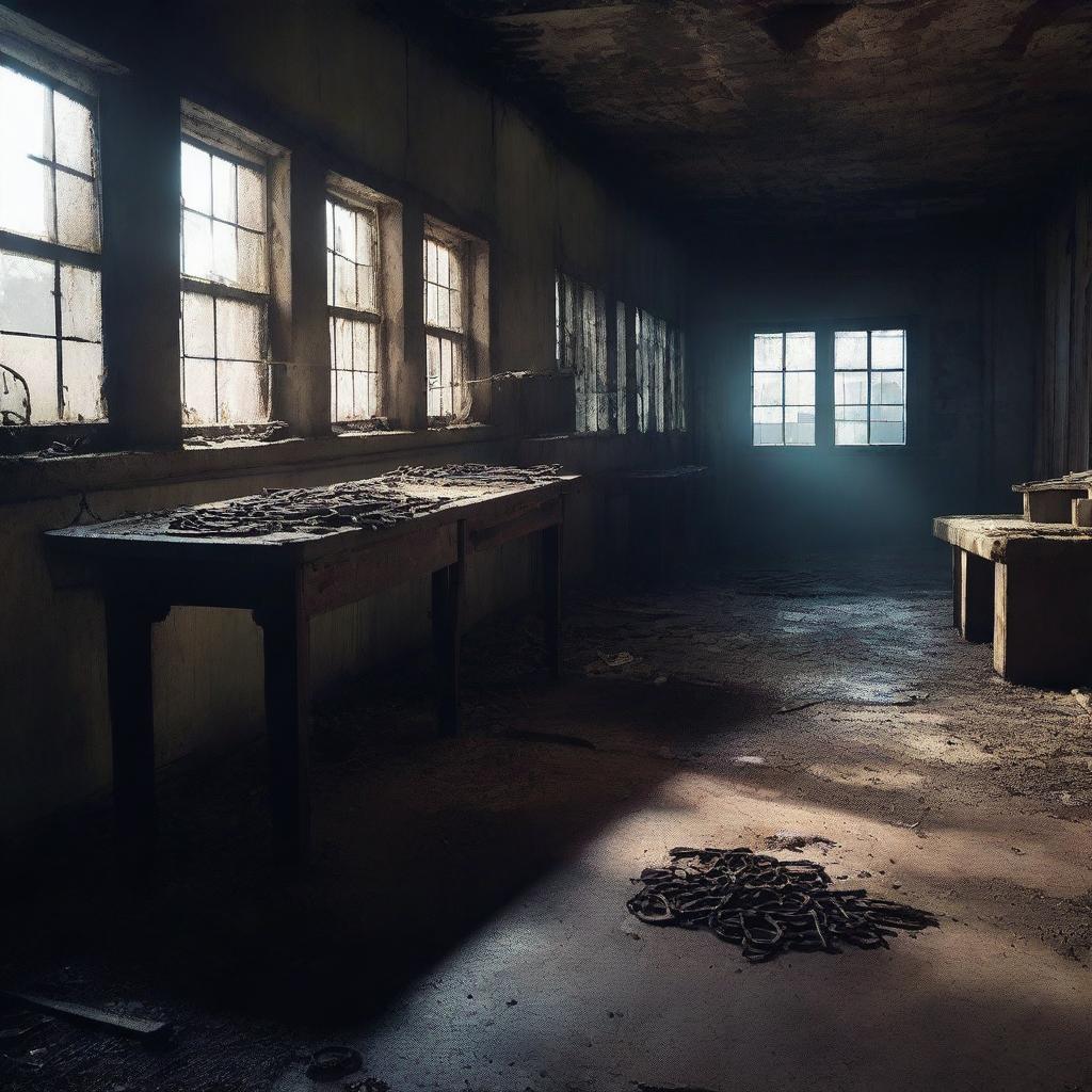 Create a dark, atmospheric image of an abandoned slaughterhouse for a crime thriller setting