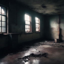 Create a dark, atmospheric image of an abandoned slaughterhouse for a crime thriller setting