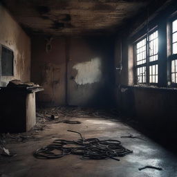 Create a dark, atmospheric image of an abandoned slaughterhouse for a crime thriller setting