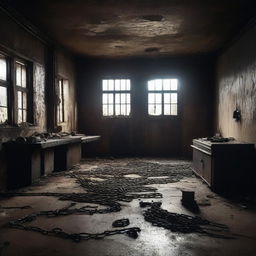 Create a dark, atmospheric image of an abandoned slaughterhouse for a crime thriller setting