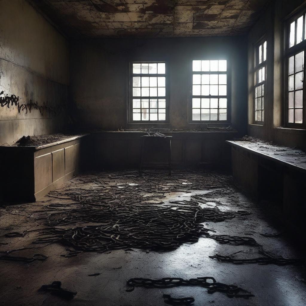 Create a dark, atmospheric image of an abandoned slaughterhouse for a crime thriller setting