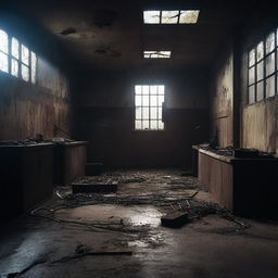 Create a dark, atmospheric image of an abandoned slaughterhouse for a crime thriller setting