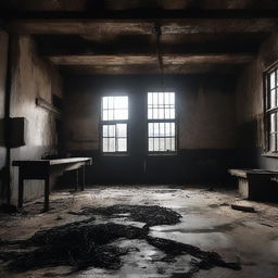 Create a dark, atmospheric image of an abandoned slaughterhouse for a crime thriller setting