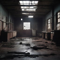 Create a dark, atmospheric image of an abandoned slaughterhouse for a crime thriller setting