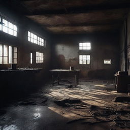 Create a dark, atmospheric image of an abandoned slaughterhouse for a crime thriller setting