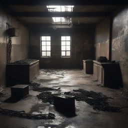 Create a dark, atmospheric image of an abandoned slaughterhouse for a crime thriller setting