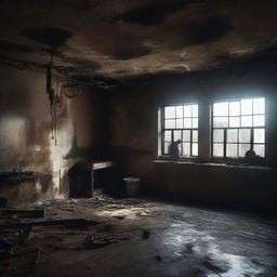 Create a dark, atmospheric image of an abandoned slaughterhouse for a crime thriller setting