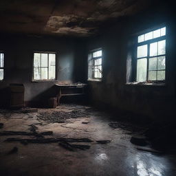 Create a dark, atmospheric image of an abandoned slaughterhouse for a crime thriller setting