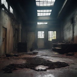 Create a dark, atmospheric image of an abandoned slaughterhouse for a crime thriller setting